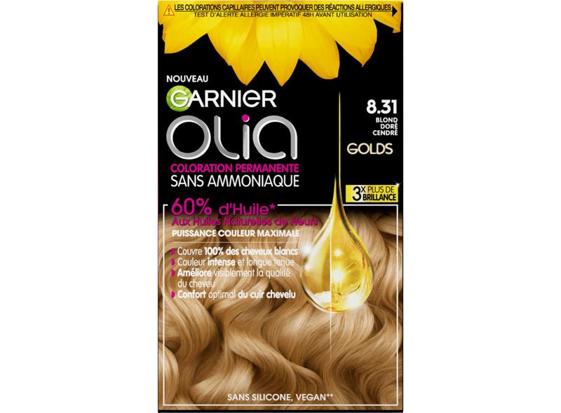 Olia Coloration cheveux permanente sans amoniaque 8.31 blond dor&eacute; cendr&eacute; la boîte