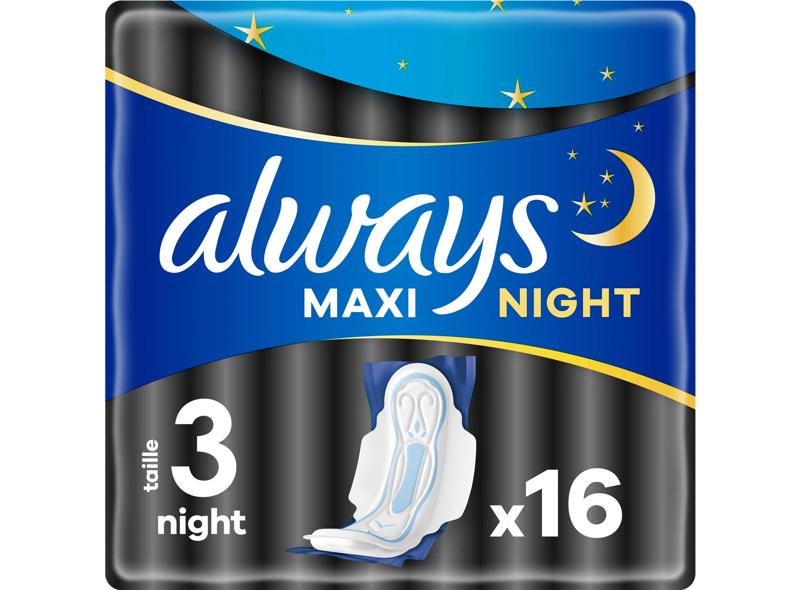 Always Serviettes hygiéniques avec ailettes maxi night, taille 3 16 serviettes