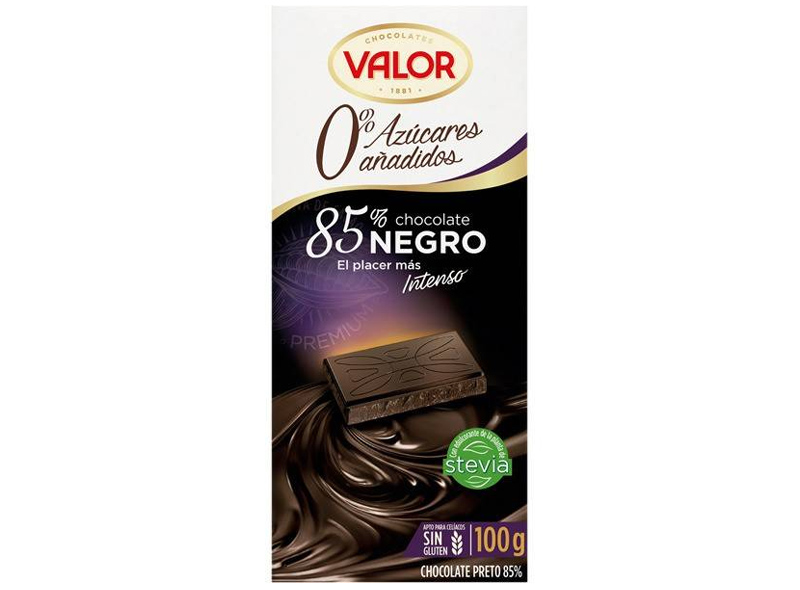Valor Tableta de chocolate negro 85%, sin azucares a&ntilde;adidos 85% Dark Chocolate Bar, No Added Sugar 100g