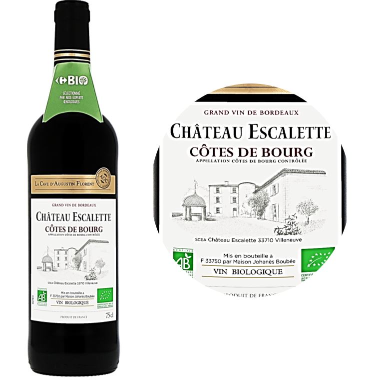 Cave A. Florent Organic Cabernet Sauvignon, Red Wine C&ocirc;te Du Bourg PDO Ch&acirc;teau Escalette 2017/ Bouteille 75c