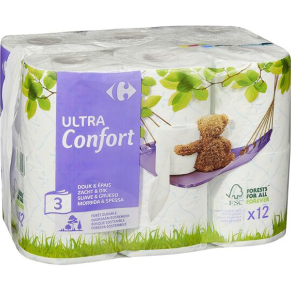 Carrefour Papier hygiénique ultra confort 3 plis blanc bleu 12 rouleaux