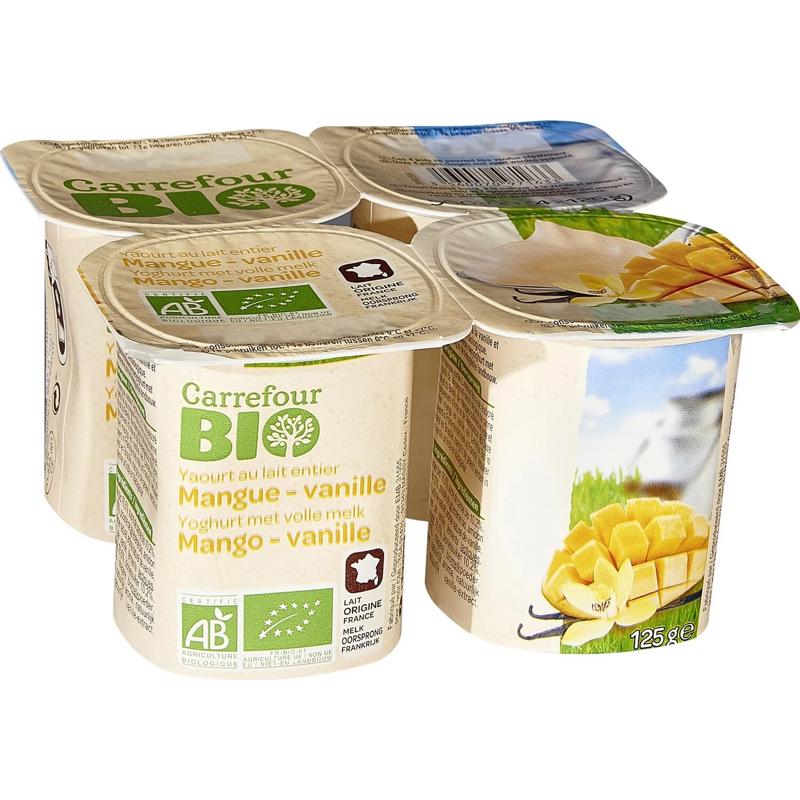 Carrefour Yaourt au lait entier Mangue vanille BIO 4x125g