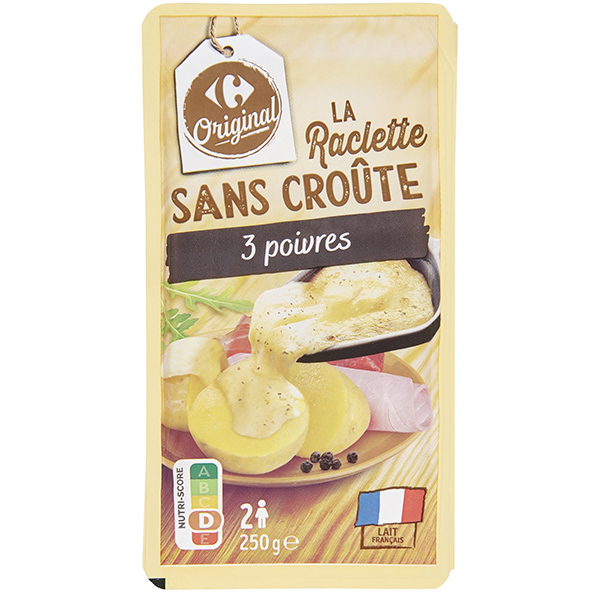 Carrefour Fromage à raclette tranché 3 poivres sans croûte 250g 2 pers.